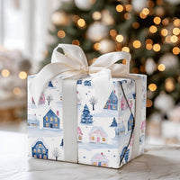 Snowy Cottage Gift Wrap, Winter Village Wrapping Paper, Watercolor Pastel House Christmas Wrapping Paper, Comfy Holiday Town Wrapping Paper