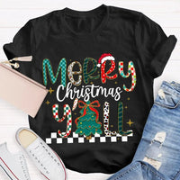 Colorful Christmas Tree Typography Tee, Merry Christmas Y'all Shirt, Southern Holiday Graphic T-Shirt, Family Xmas Apparel Present