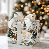 Reindeer Cabin Winter Gift Wrap, Vintage Snowy Village Christmas Wrapping Paper, Watercolor Town Holiday Wrapping Paper, Retro Gift Wrap
