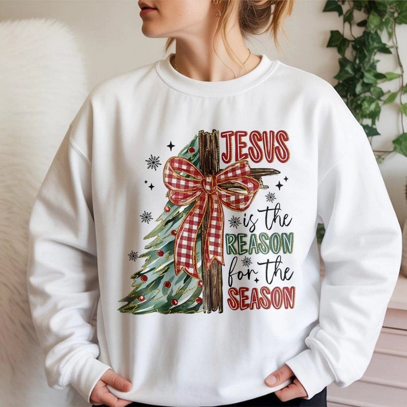 Retro Christmas Cross Crewneck, Jesus Is the Reason for the Season Sweatshirt, Plaid Bow Holiday Sweater, Christian Faith Xmas Pullover