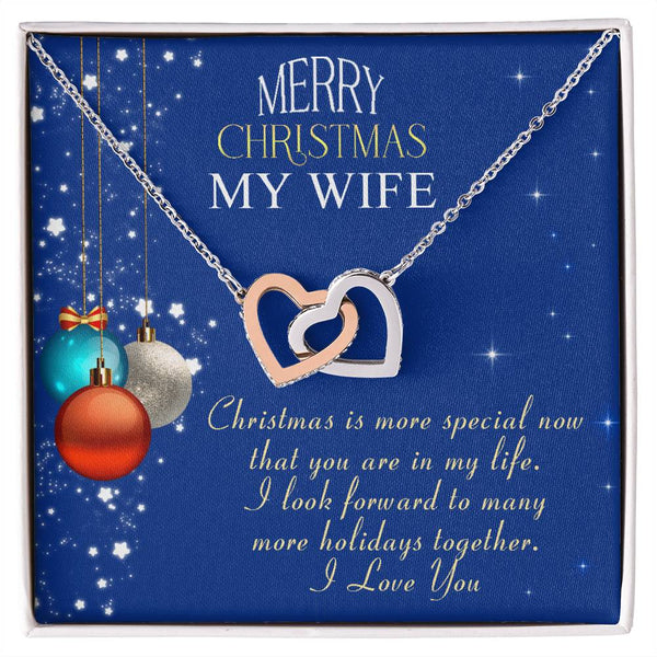 CZ Heart Pendant Necklace, Merry Christmas Wife Interlocking Hearts Necklace, Surgical Steel Jewelry, Romantic Holiday Keepsa
