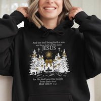 Matthew 1 21 Scripture Hooded Sweatshirt, Jesus Christmas Nativity Hoodie, Christian Faith Christmas Hoodie, Religious Holiday Pullover