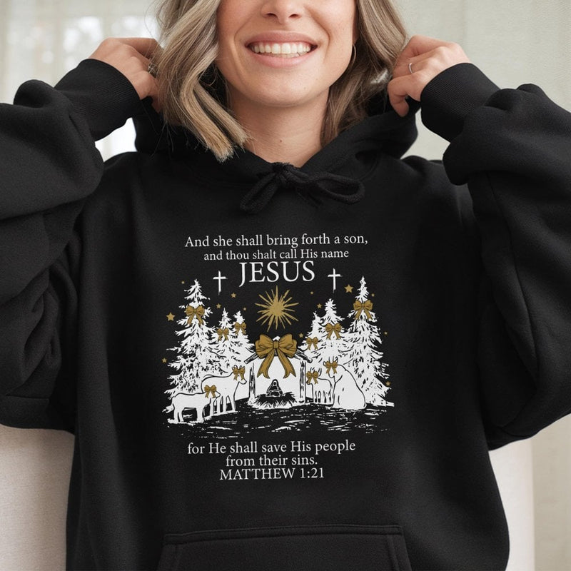 Matthew 1 21 Scripture Hooded Sweatshirt, Jesus Christmas Nativity Hoodie, Christian Faith Christmas Hoodie, Religious Holiday Pullover