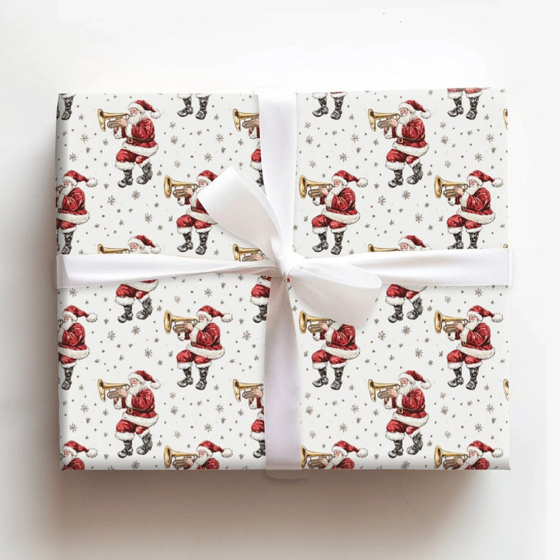 Vintage Musical Christmas Wrapping Paper, Trumpet Santa Wrapping Paper, Golden Horn Holiday Gift Wrap, Festive Secret Santa Wrapping Paper