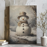 Winter Snow Scene Oil Painting Print, Vintage Snowman Canvas Wall Art, Rustic Farmhouse Christmas Poster, Digital Download Holiday Art