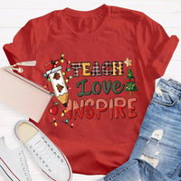 Festive Tree Lights Teacher Tee, Teach Love Inspire Christmas T-Shirt, Holiday Educator Shirt, Merry Christmas School Teacher Present