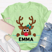 Custom Name Reindeer Holiday Graphic Tee, Personalized Christmas Elk Bow Shirt, Adorable Christmas Elk T-Shirt, Festive Winter Holiday Present