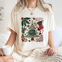 Vintage Botanical Christmas Tree Shirt, Merry Christmas Tree T-Shirt, Festive Holiday Graphic Tee, Adorable Winter Tree Graphic Shirt, Xmas Present