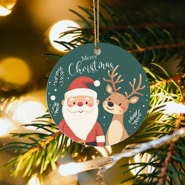 Ceramic Holiday Tree Ornament, Merry Christmas Santa and Reindeer Ornament, Festive Christmas Keepsake Ornament, Family Xmas 