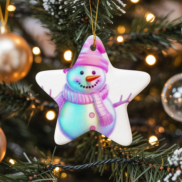 Colorful Winter Ceramic Ornament, Iridescent Snowman Star Ornament, Festive Holiday Star Decor, Whimsical Christmas Tree Keep