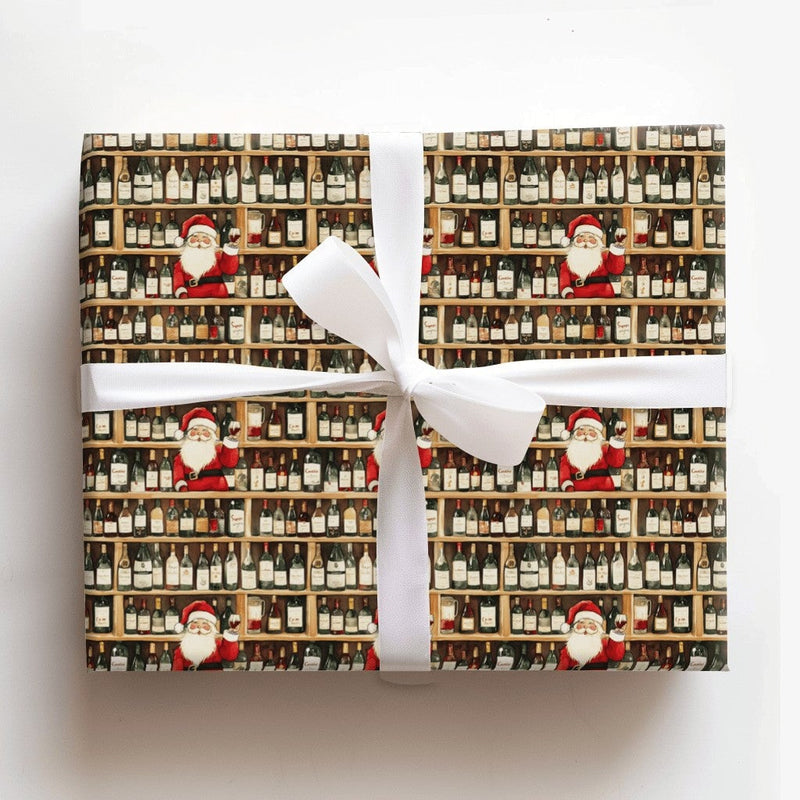 Humorous Wine Lover Gift Wrap, Santa Drinking Wine Wrapping Paper, Santa Claus Wine Shelf Wrapping Paper, Adult Christmas Holiday Gift Wrap