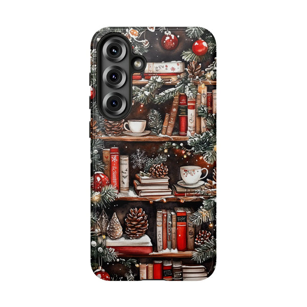Comfy Winter Library Samsung Case, Christmas Bookshelf Phone Case, Holiday Book Lover Phone Cover, Bookish Pine Ornament Toug