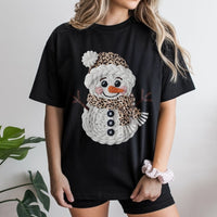 Faux Yarn Macrame Graphic Tee, Leopard Print Snowman Christmas Shirt, Adorable Holiday Snowman T-Shirt, Winter Snowman Graphic Tee Present for Her