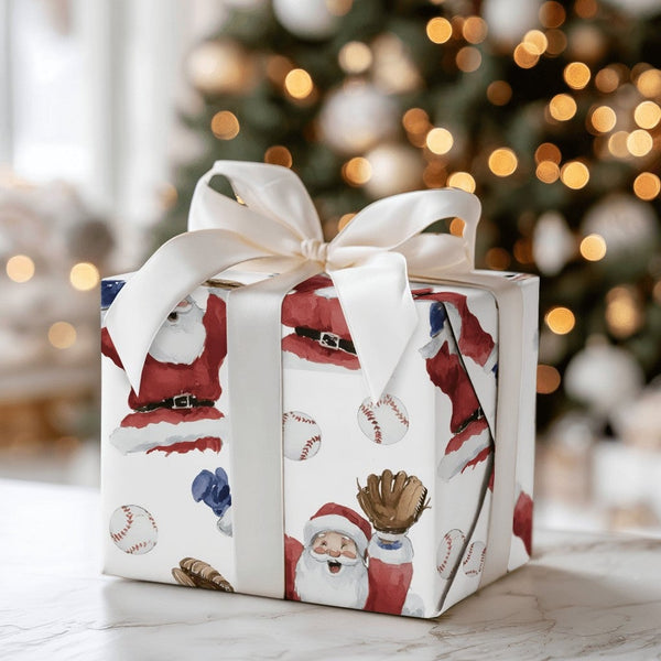 Watercolor Sports Christmas Gift Wrap, Baseball Santa Wrapping Paper, Santa Playing Ball Wrapping Paper, Holiday Baseball Fan