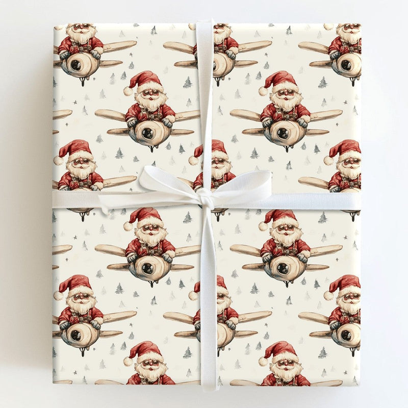 Vintage Pilot Christmas Gift Wrap, Airplane Santa Wrapping Paper, Whimsical Aviation Wrapping Paper, Aviation Holiday Wrapping Paper Roll