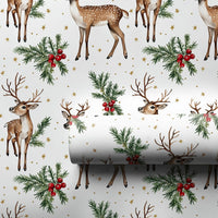 Watercolor Deer Holly Berry Gift Wrap, Woodland Reindeer Wrapping Paper, Rustic Winter Holiday Paper, Christmas Gift Wrapping Roll