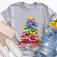 Custom Name Holiday Shirt, Personalized Christmas Tree T-Shirt, Colorful Crayon Snowflake Graphic Tee, Kids Family Christmas Tee