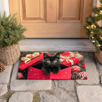 Silent Meow Holiday Welcome Mat, Black Cat Christmas Doormat, Festive Cat Lover Floor Mat, Non-Slip Entryway Mat, Xmas Decor Present