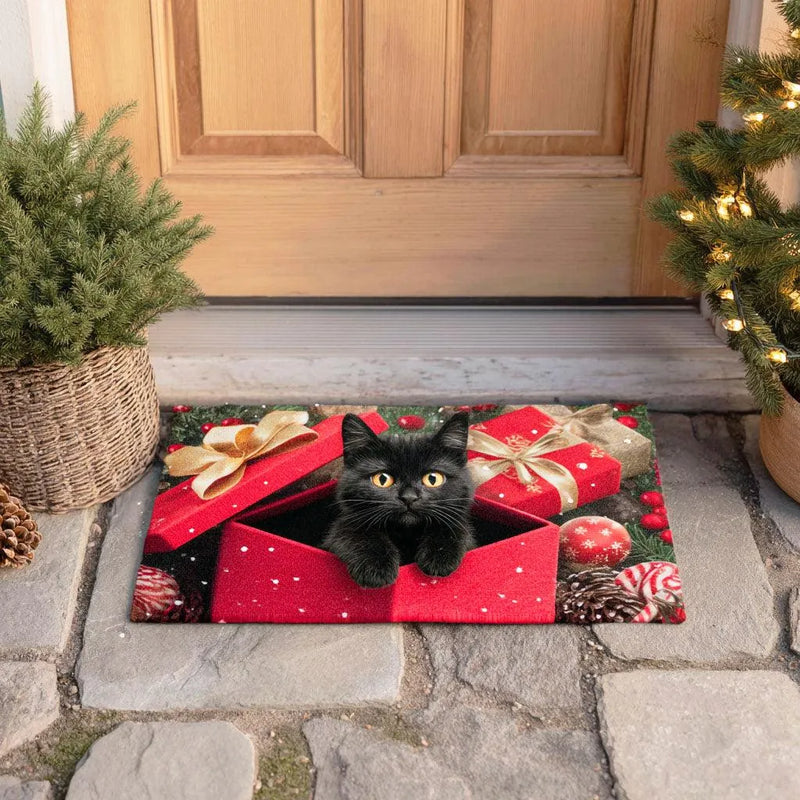 Silent Meow Holiday Welcome Mat, Black Cat Christmas Doormat, Festive Cat Lover Floor Mat, Non-Slip Entryway Mat, Xmas Decor Present
