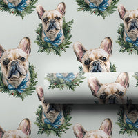 Dog Wreath Gift Wrap, French Bulldog Christmas Wrapping Paper, Frenchie Holiday Wrapping Paper, Adorable Winter Dog Lover Gift Wrapping Paper