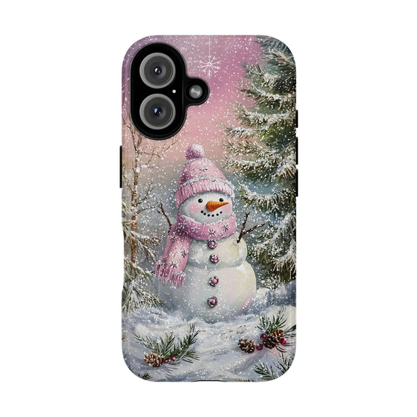 Adorable Holiday Snowman Tough Phone Cover, Pink Christmas Snowman Winter Phone Case, Festive Xmas Season Phone Case