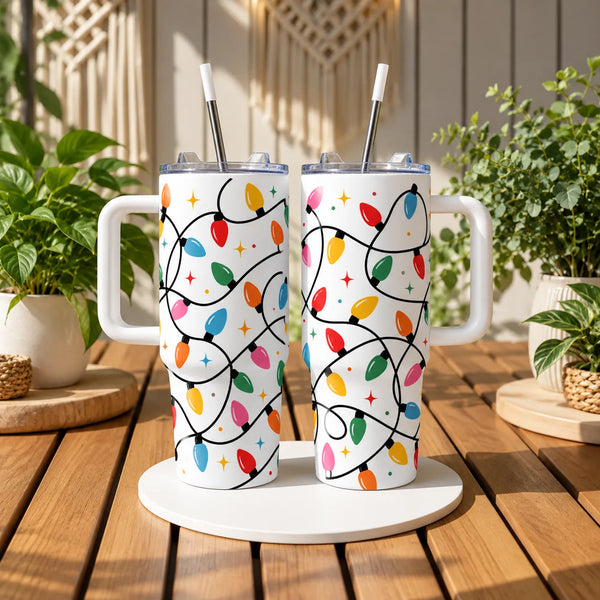 Retro Vintage Bulb 40oz Travel Tumbler, Christmas String Lights Tumbler, Colorful Holiday Insulated Tumbler, Xmas Present for