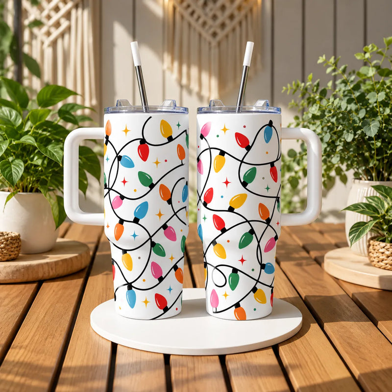 Retro Vintage Bulb 40oz Travel Tumbler, Christmas String Lights Tumbler, Colorful Holiday Insulated Tumbler, Xmas Present for Her