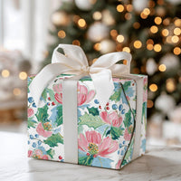 Watercolor Floral Gift Wrap, Pink Christmas Rose Wrapping Paper, Holly Berry Christmas Wrapping Paper, Elegant Winter Holiday Wrapping Paper