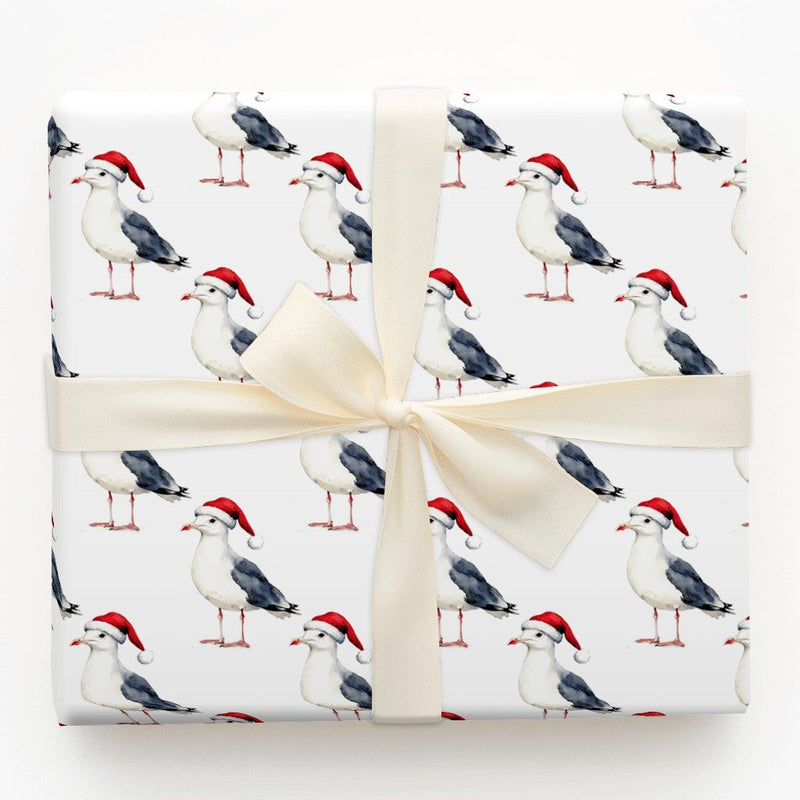 Coastal Christmas Gift Wrap, Santa Hat Seagull Wrapping Paper, Watercolor Beach Bird Present Paper, Nautical Holiday Gift Wrapping Paper
