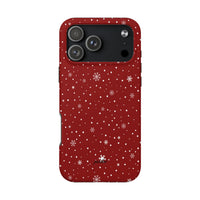 Winter Snowfall iPhone Tough Phone Case, Red Snowflake Phone Case, Festive Christmas Holiday Phone Case, Dual-Layer Phone Cover