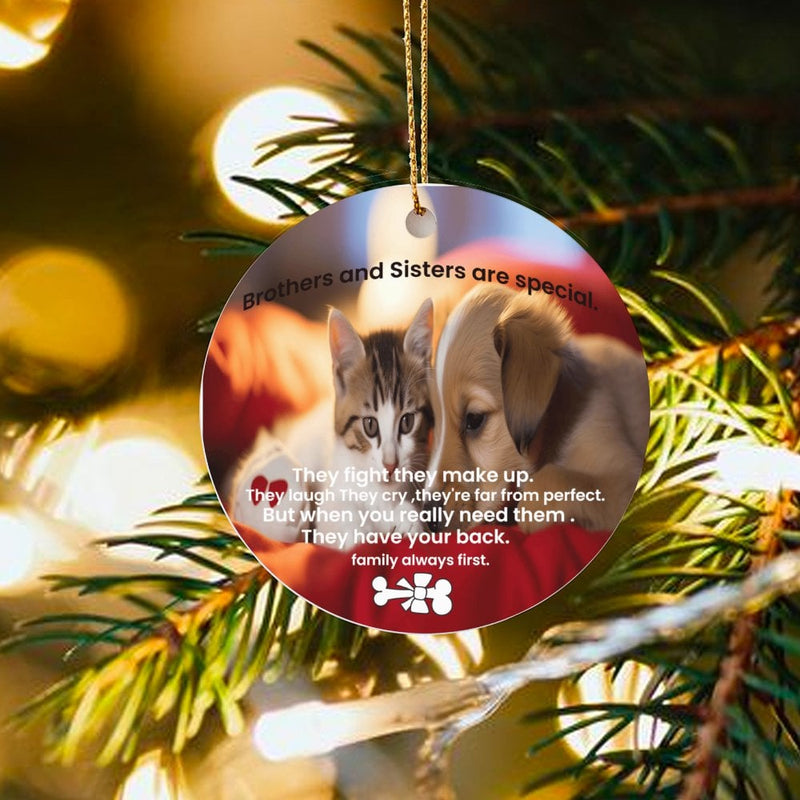 Sibling Family Ornament, Brothers and Sisters Cat and Dog Ornament, Ceramic Pet Quote Ornament, Christmas Tree Decoration, Sibling Xmas Present