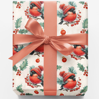 Festive Winter Bird Gift Wrap, Christmas Bullfinch Wrapping Paper, Holly Pattern Wrapping Paper, Holiday Nature Lover Gift Wrap Roll