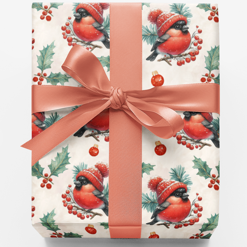 Festive Winter Bird Gift Wrap, Christmas Bullfinch Wrapping Paper, Holly Pattern Wrapping Paper, Holiday Nature Lover Gift Wrap Roll