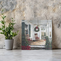 Rustic Holiday Wreath Canvas Print, Christmas Farmhouse Porch Square Canvas, Rocking Chair Winter Painting, Comfy Xmas Home Decor Wall Art