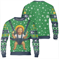 Humorous Religious Holiday Sweatshirt, Baby Jesus Ugly Christmas Sweatshirt, Retro Xmas Graphic Crewneck, Secret Santa Present Sweatshirt