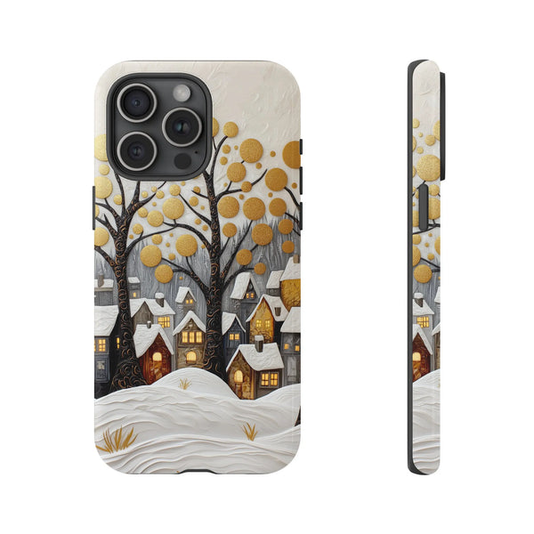 Snowy Town Golden Trees Holiday Case, Winter Village Phone Case iPhone, Comfy Christmas Tough Phone Case, Winter Wonderland P