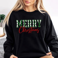 Green Buffalo Plaid Typography Sweater, Merry Christmas Sweatshirt, Festive Holiday Crewneck, Winter Plaid Pullover, Xmas Present Sweatshirt