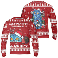 Humorous Holiday Cat Sweater, Derpy Blue Cat Ugly Christmas Sweater, Adorable Derpy Cat Christmas Sweatshirt, Animal Lover Xmas Crewneck Present