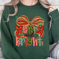 Preppy Coquette Bow Christmas Sweater, Merry and Bright Sweatshirt, Retro Girly Holiday Crewneck, Adorable Winter Season Graphic Pullover