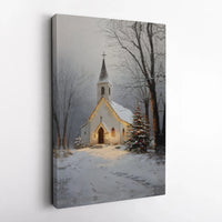 Snowy Christmas Landscape Canvas Print, Winter Church Canvas Wall Art, Country Chapel Holiday Scene Canvas Decor, Digital Download