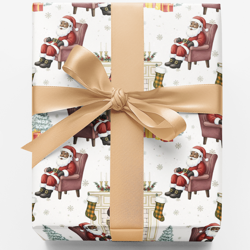 Fireside Santa Gift Wrap, Black Santa Wrapping Paper, African American Santa Wrapping Paper, Holiday Christmas Gift Wrap, Xmas Wrap Roll