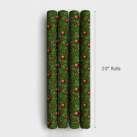 Red Ornaments Gift Wrap, Vintage Christmas Wrapping Paper, Dark Green Holiday Wrapping Paper, Botanical Winter Xmas Gift Wrapping Paper Roll