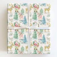Whimsical Christmas Gift Wrap, Pastel Santa Reindeer Wrapping Paper, Pink Santa Holiday Wrapping Paper, Adorable Xmas Gift Wrap Roll