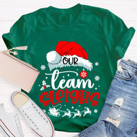 Humorous Holiday Coworker T-Shirt, Our Team Sleighs Christmas Shirt, Santa Hats Snowflakes Xmas Tee, Festive Work Team Shirt, Xmas Present Tee