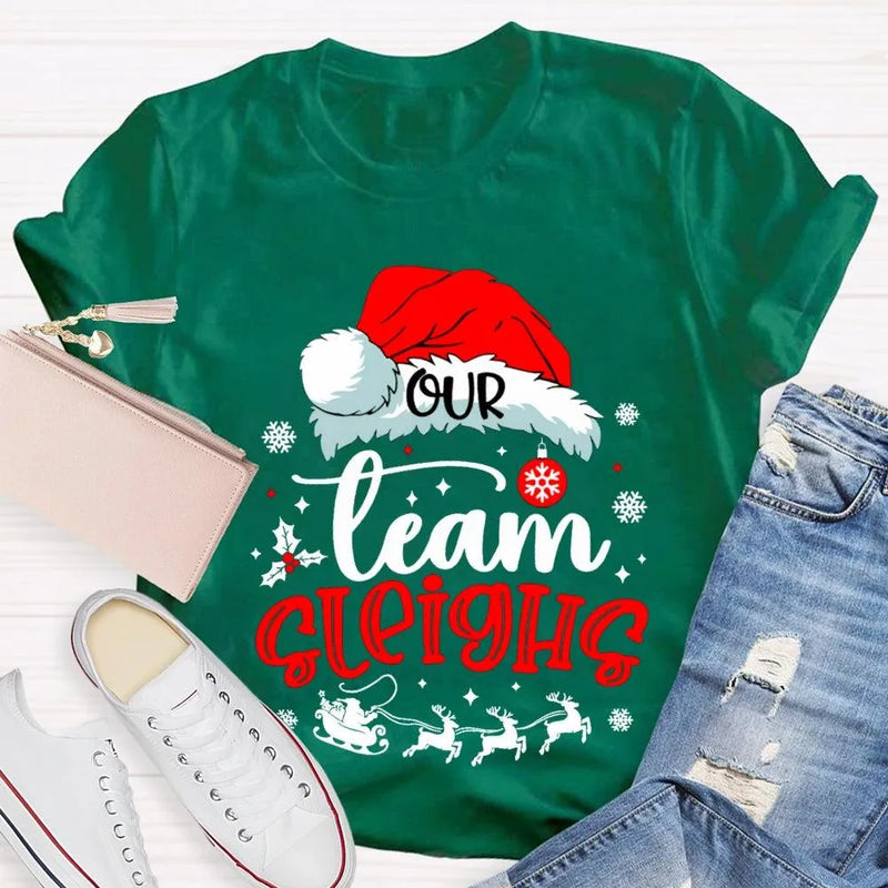 Humorous Holiday Coworker T-Shirt, Our Team Sleighs Christmas Shirt, Santa Hats Snowflakes Xmas Tee, Festive Work Team Shirt, Xmas Present Tee