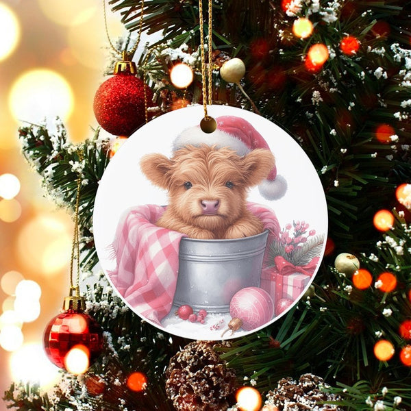 Santa Hat Plaid Cow Ornament, Baby Highland Cow Christmas Ornament, Adorable Farmhouse Animal Ceramic Ornament, Holiday Tree 
