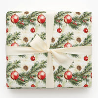 Pine Branch Christmas Gift Wrap, Watercolor Red Ornament Wrapping Paper, Pinecone Berry Wrapping Paper