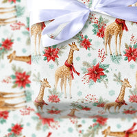 Watercolor Winter Animal Gift Wrap, Christmas Giraffe Wrapping Paper, Poinsettia Holiday Present Paper, Festive Xmas Wrap Roll