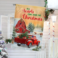 Red Truck Barn Holiday Flag, Farmhouse Christmas Garden Flag, All Hearts Come Home Winter Flag, Rustic Americana Yard Flag Decor