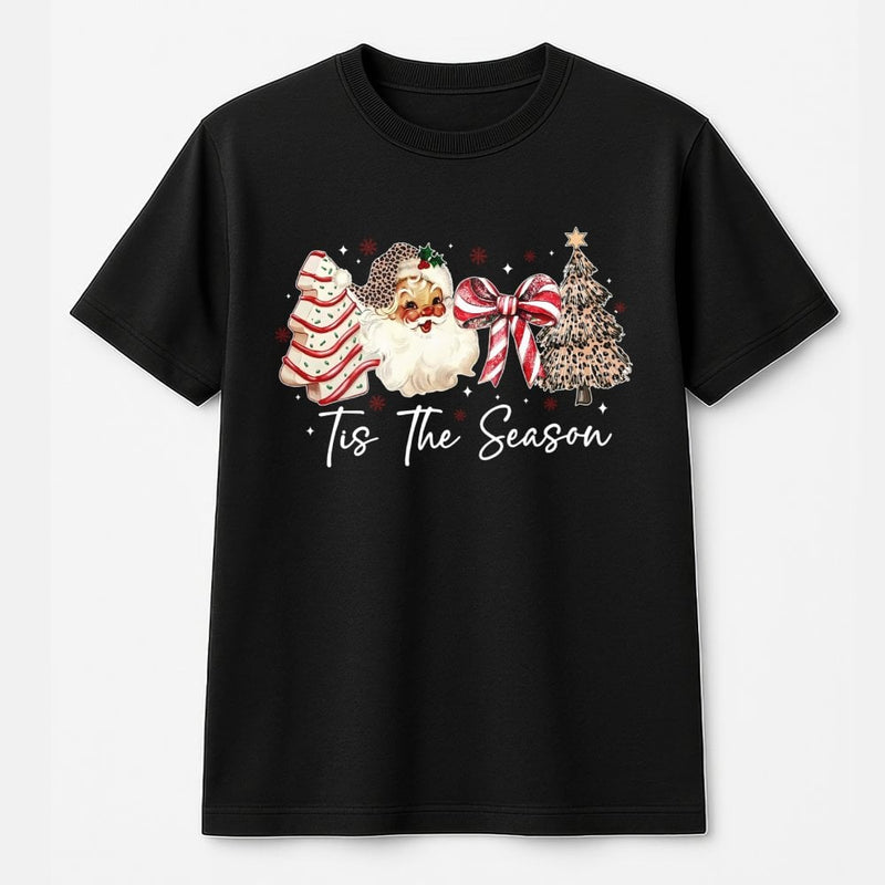 Retro Leopard Santa T-Shirt, Tis the Season Christmas T-Shirt, Coquette Bow Holiday Tee, Festive Graphic T-Shirt, Adorable Xmas Present for Women